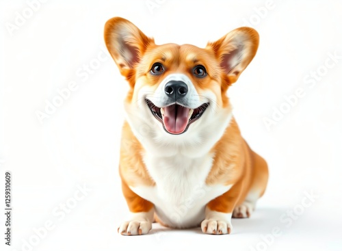 an image of a dog sitting on a white surface with its mouth open, there is a dog that is sitting down with its mouth open photo