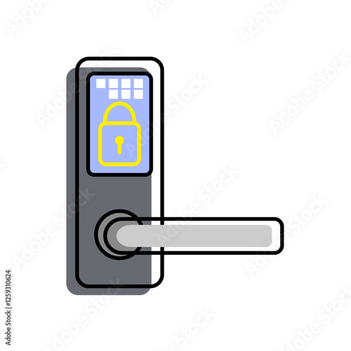 Modern electronic door lock with keypad and door handle. It has a digital display that displays a yellow padlock icon, indicating a secure locking mechanism.