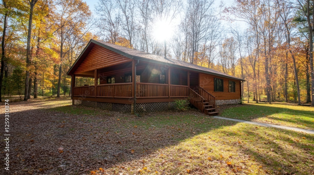 Autumn Log Cabin Home In Woods Setting Autumn Log Cabin Home In Woods Setting