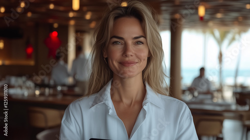 Confident Female Professional Smiling in Modern Restaurant Interior with Warm Lighting