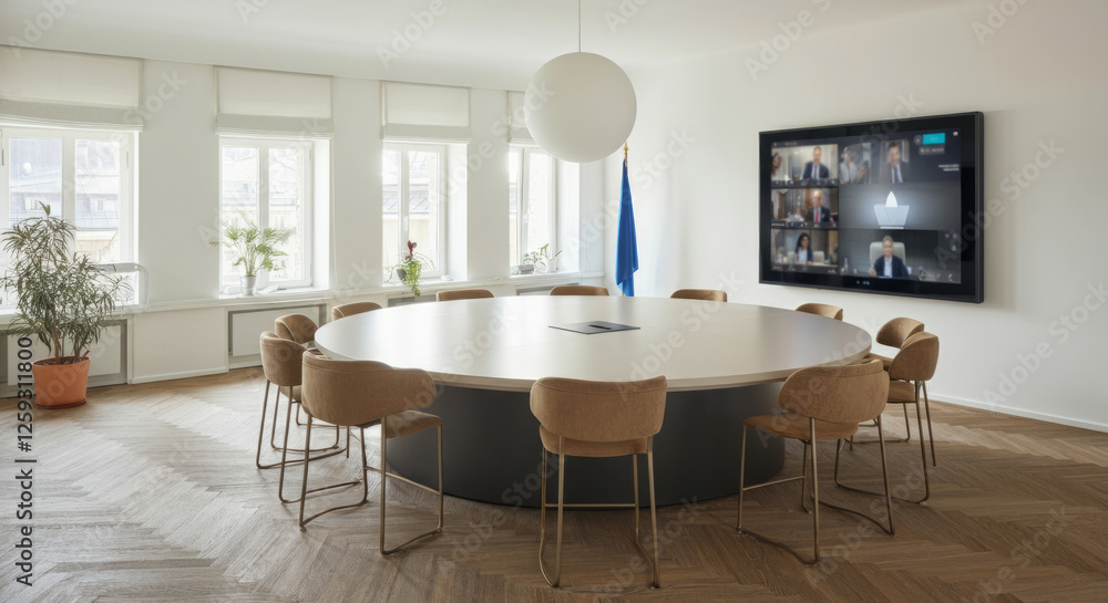 A large conference table with a TV on the wall in the background A large conference table with a TV on the wall in the background