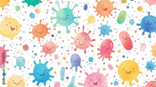 Collection of bacteria and viruses in rainbow hues, smiling faces, and soft textures, illustrated on a clean white background