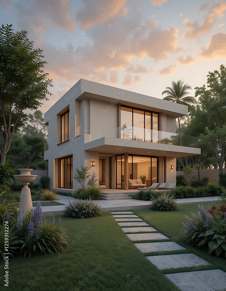 Fototapeta premium Modern Architectural House with Garden Design during beautiful Sunset