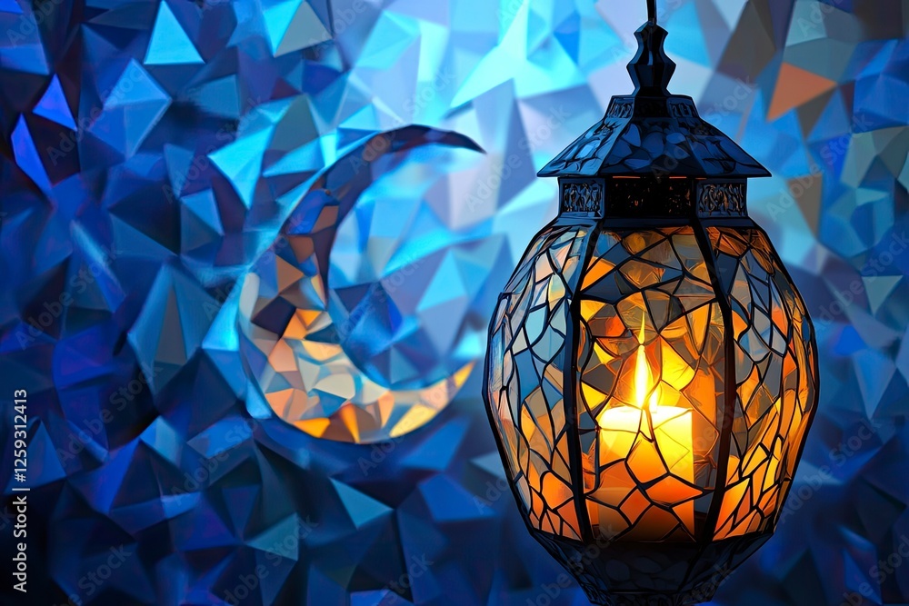 Obraz premium Ramadan abstract lantern and crescent in technology blue polygonal style. Aid lantern with generative ai