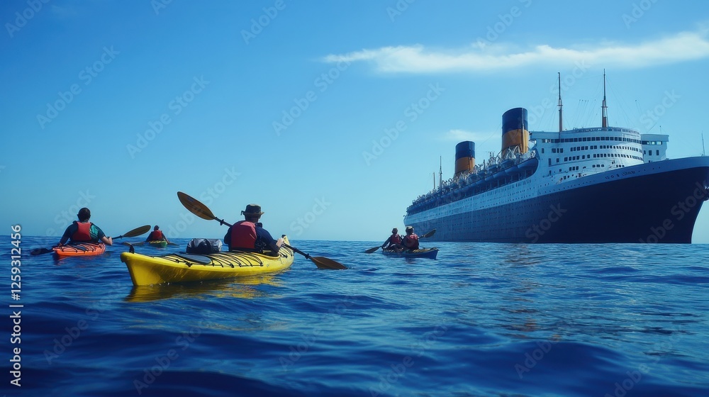 Kayakers Exploring a Historic Shipwreck Under Clear Blue Sky Kayakers Exploring a Historic Shipwreck Under Clear Blue Sky
