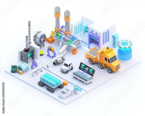 Wallpaper Mural A colorful 3D illustration of a modern industrial facility featuring machinery, vehicles, and production elements arranged in a stylized layout. Torontodigital.ca