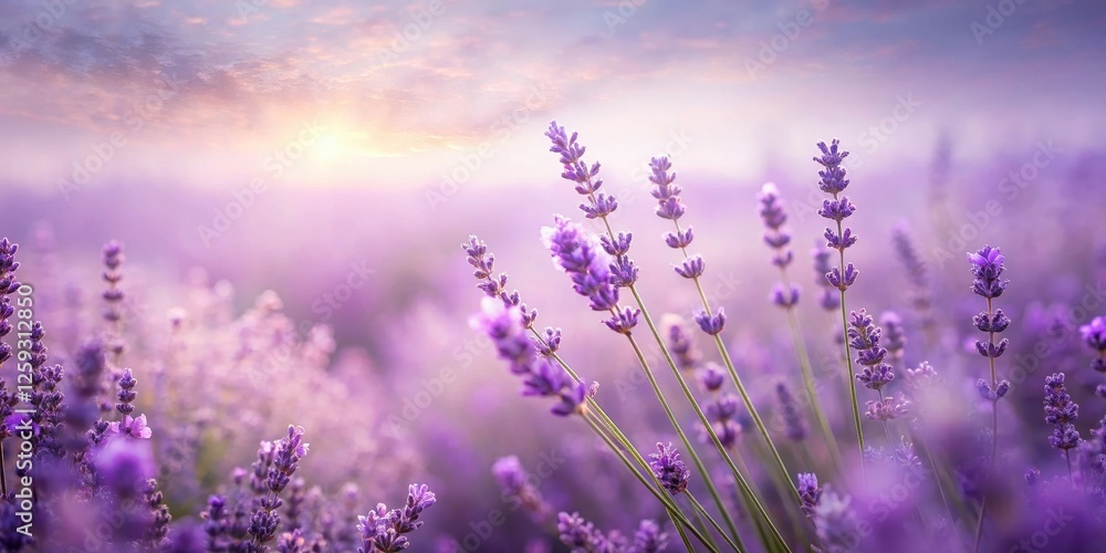Naklejka premium Serene Sunrise Over a Lavender Field, a Gentle Breeze Rustling Through the Purple Blooms, Soft Light Illuminating Each Delicate Petal