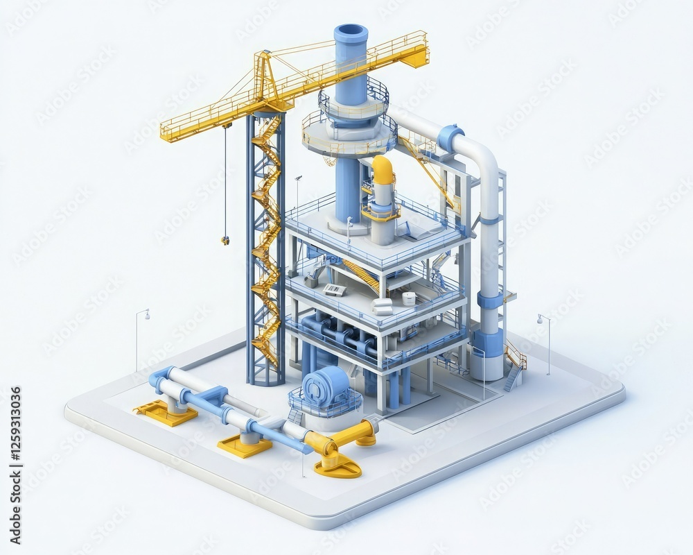 A detailed illustration of an industrial facility featuring a crane, pipes, and machinery in a modern design. A detailed illustration of an industrial facility featuring a crane, pipes, and machinery in a modern design.