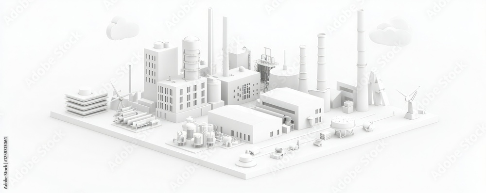 A minimalistic 3D representation of an industrial complex featuring factories, smokestacks, and storage buildings in a white color scheme. A minimalistic 3D representation of an industrial complex featuring factories, smokestacks, and storage buildings in a white color scheme.