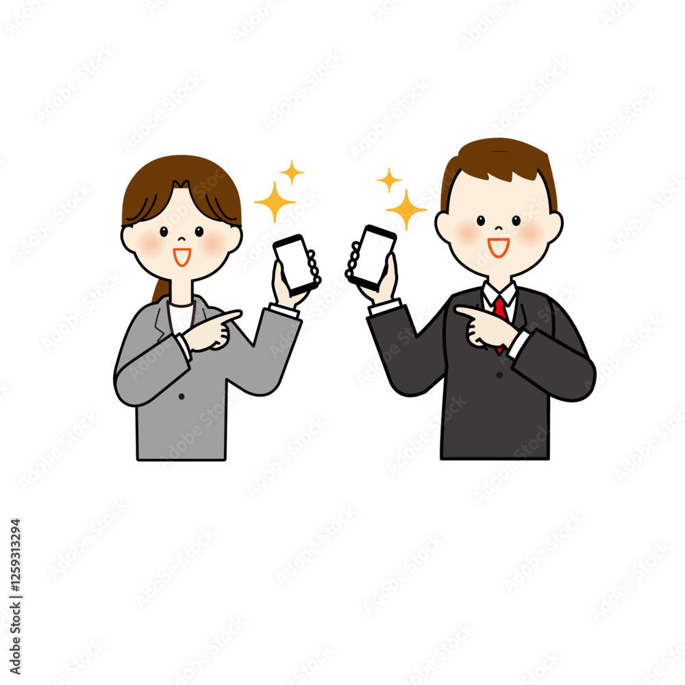 携帯を指差すスーツの男女-02