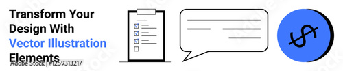 Checklist with tasks, speech bubble for communication, and dollar sign icon. Ideal for productivity tools, finance, messaging apps, planning, strategy, saving tips flat landing page banner