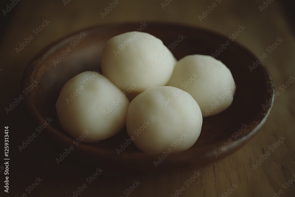 Dango or mochi on the plate with shadow and candles, also in ceramic plates Dango or mochi on the plate with shadow and candles, also in ceramic plates