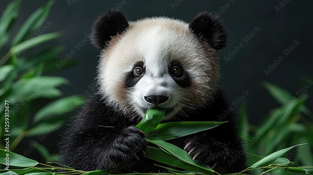 Adorable panda munching on fresh bamboo leaves in a serene, lush green environment Adorable panda munching on fresh bamboo leaves in a serene, lush green environment