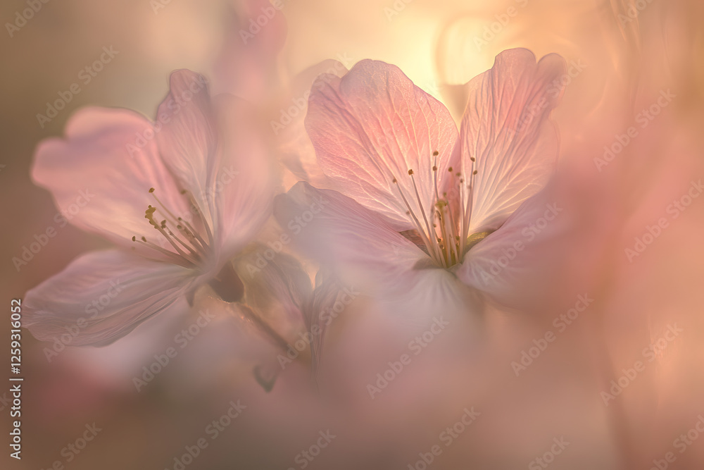 Fototapeta premium Delicate cherry blossoms with morning sunlight filtering through the petals in a spring landscape