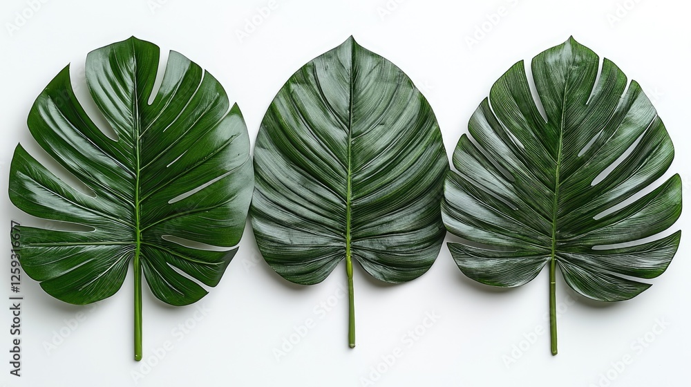 Obraz premium Three vibrant green monstera leaves arranged symmetrically on a clean white background