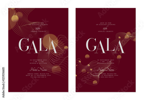 Charity gala dinner invitation features flowing, minimalist organic silver lines, gold particles on burgundy background, adding a touch of sparkle and dynamism