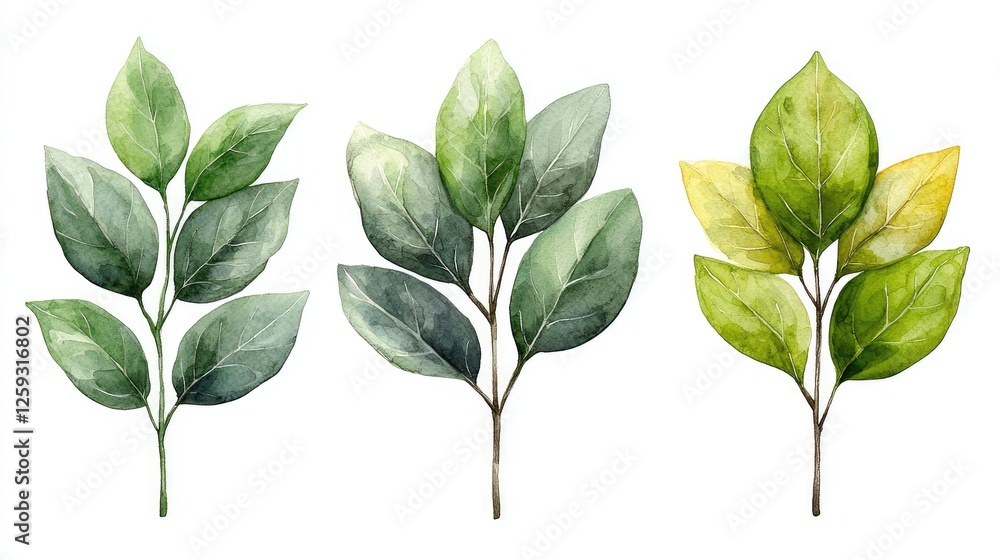 Three watercolor branches showcasing varying shades of green and yellow leaves, ideal for design use Three watercolor branches showcasing varying shades of green and yellow leaves, ideal for design use