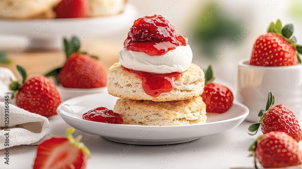 Artistic angle of a freshly baked scone oozing with sweet strawberry jam and clotted cream, on a white porcelain plate with a soft linen napkin, tea time charm Artistic angle of a freshly baked scone oozing with sweet strawberry jam and clotted cream, on a white porcelain plate with a soft linen napkin, tea time charm
