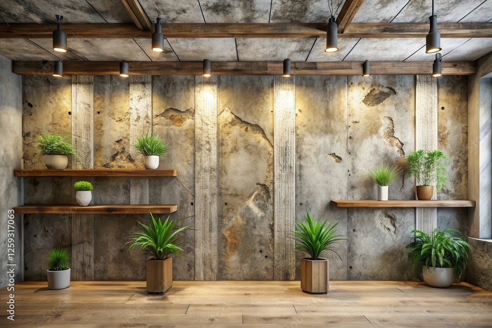 Rustic interior design featuring a textured concrete wall adorned with wooden shelves showcasing potted plants, illuminated by pendant lights enhancing the room's ambiance Rustic interior design featuring a textured concrete wall adorned with wooden shelves showcasing potted plants, illuminated by pendant lights enhancing the room's ambiance