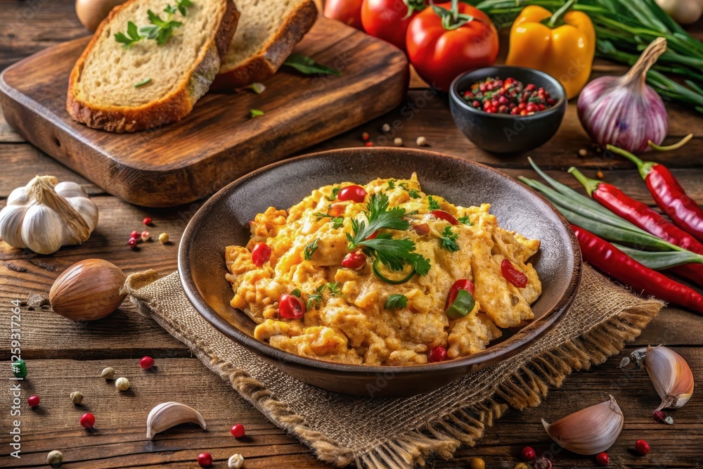 Aromatic Scrambled Eggs with Chili Peppers and Fresh Herbs Served in a Rustic Bowl Aromatic Scrambled Eggs with Chili Peppers and Fresh Herbs Served in a Rustic Bowl