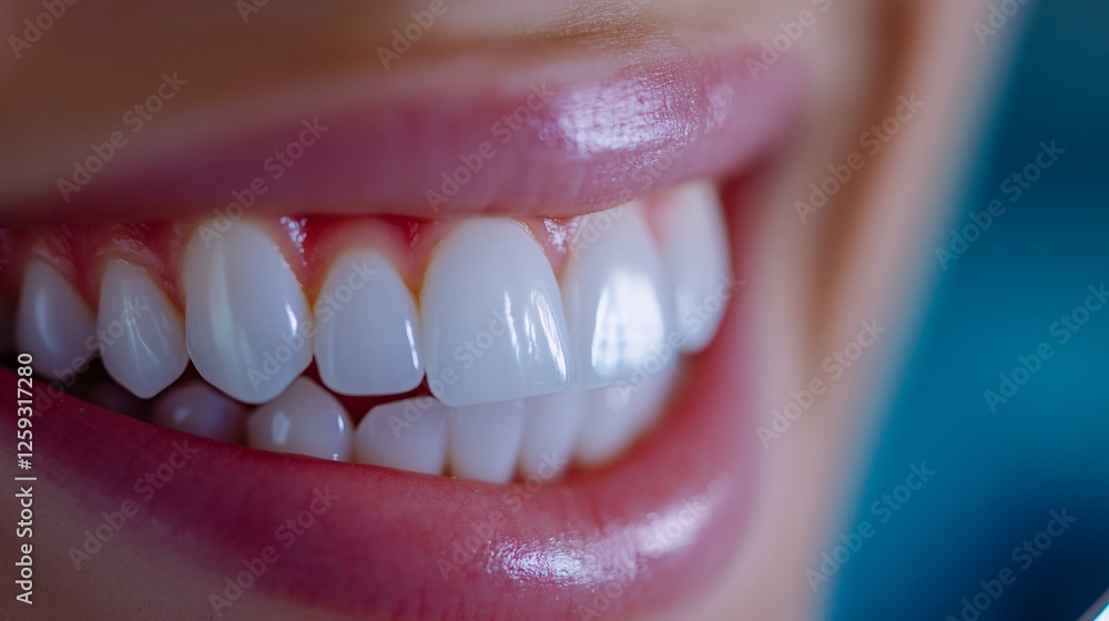 Fototapeta premium Close-up smiling woman's teeth, dental clinic background