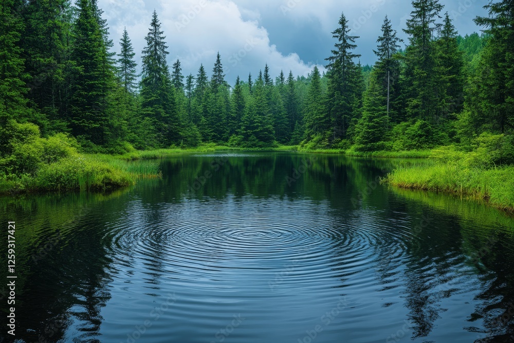Serene Reflections: Ripples Expand Across a Tranquil Lake Surrounded by Lush Evergreen Forest and Overcast Skies, Nature's Beauty Unveiled Serene Reflections: Ripples Expand Across a Tranquil Lake Surrounded by Lush Evergreen Forest and Overcast Skies, Nature's Beauty Unveiled