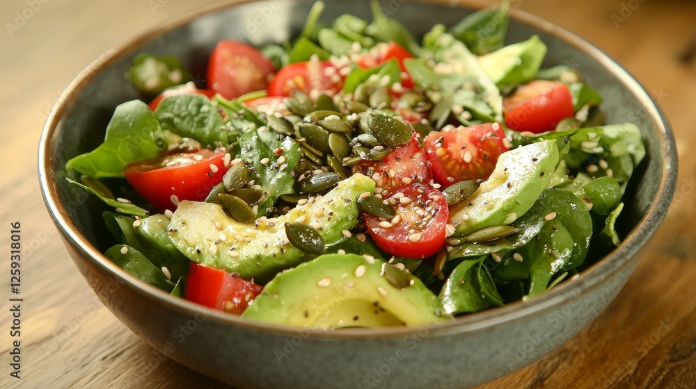 Fresh Green Salad with Avocado and Cherry Tomatoes in a Rustic Bowl Fresh Green Salad with Avocado and Cherry Tomatoes in a Rustic Bowl