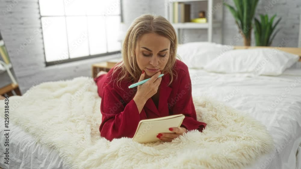 Woman writing on a notebook while lying on a cozy bed in a bright, white bedroom, wearing a red robe, conveying a sense of comfort, relaxation, and inspiration. Woman writing on a notebook while lying on a cozy bed in a bright, white bedroom, wearing a red robe, conveying a sense of comfort, relaxation, and inspiration.