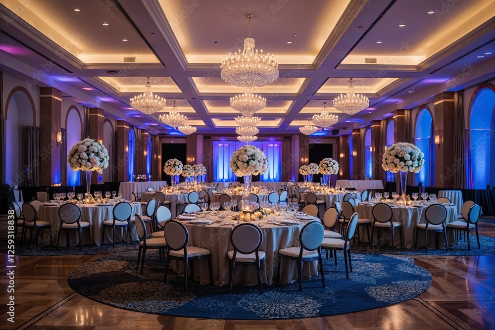 Fototapeta premium Premium Event Venue for Corporate Gatherings Featuring Tailored Table Designs and Sophisticated Lighting