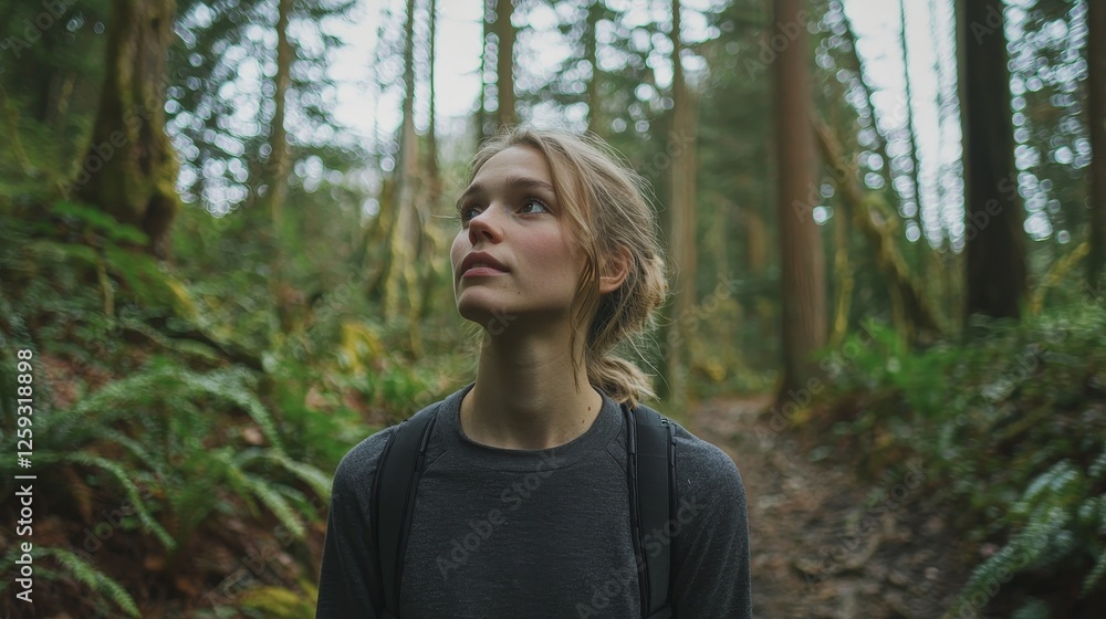 Young woman exploring a serene forest path surrounded by tall trees and greenery Young woman exploring a serene forest path surrounded by tall trees and greenery