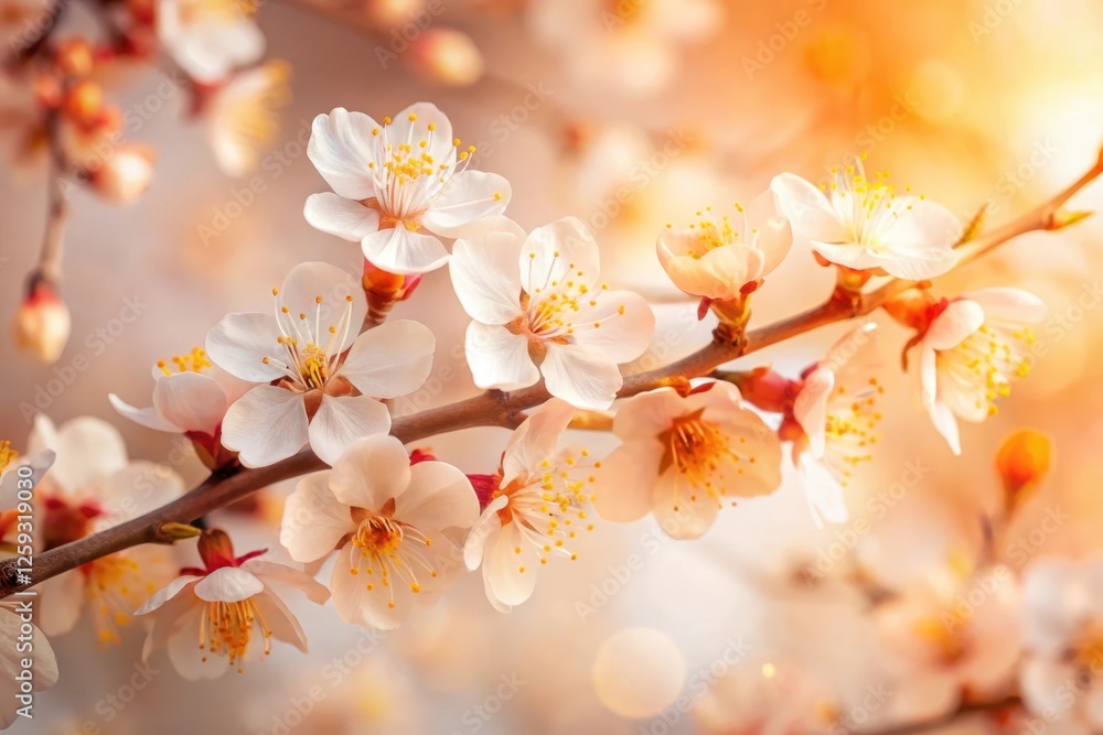 Obraz premium Delicate Peach Blossoms in Soft Golden Light, a Symbol of Spring's Gentle Arrival and the Promise of New Beginnings
