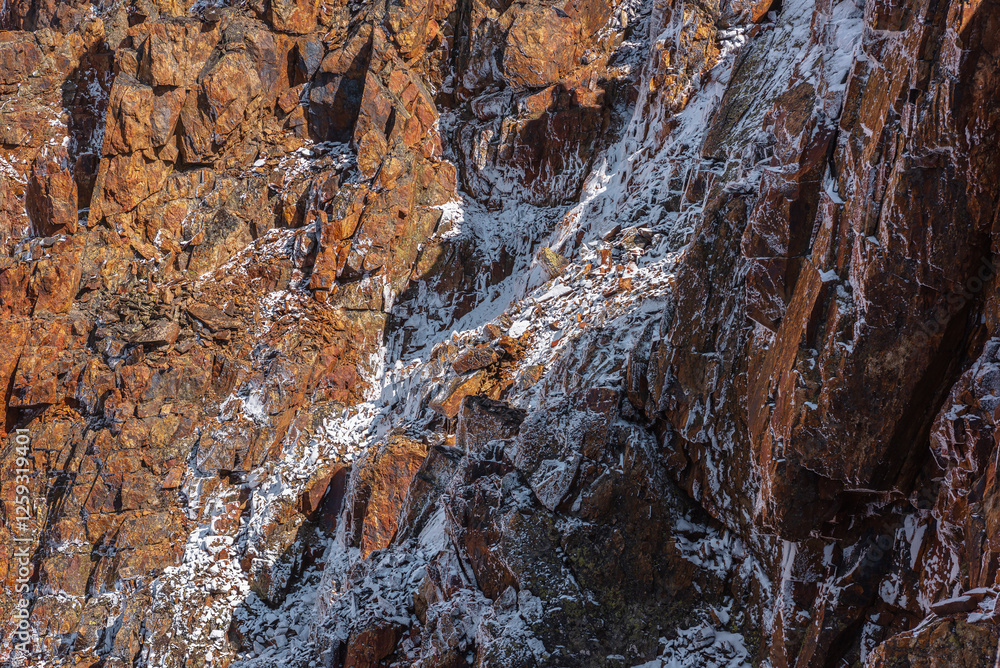 Frozen ice rockies close-up. Natural texture of snow-covered frozen stony rocky wall. Ascetic snowy background with rocks and stones in high altitude. Cold nature backdrop of mountain on great height. Frozen ice rockies close-up. Natural texture of snow-covered frozen stony rocky wall. Ascetic snowy background with rocks and stones in high altitude. Cold nature backdrop of mountain on great height.