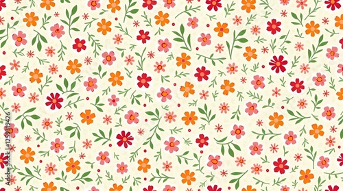 Wallpaper Mural Seamless Floral Pattern with Colorful Pink, Orange, and Red Flowers and Green Leaves on Light Cream Background – Vibrant Botanical Design for Textiles, Wallpapers, Fashion Fabrics, Stationery, Wrappin Torontodigital.ca