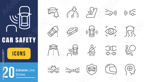 Set of Car Safety Related Vector Line Icons. Contains such Icons as Baby Cheat, Lane Control, Front and Back Parking Sensors and more. Editable Stroke.