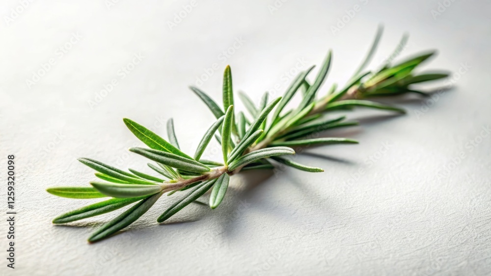 A sprig of fresh rosemary rests on a smooth, off-white surface, showcasing its vibrant green needles and delicate stem A sprig of fresh rosemary rests on a smooth, off-white surface, showcasing its vibrant green needles and delicate stem