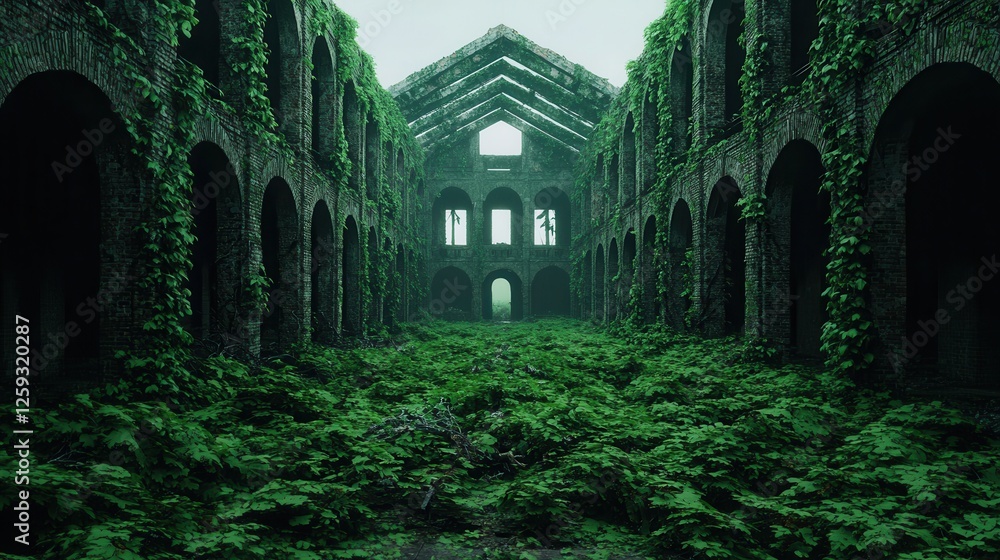 Abandoned Building Overgrown with Lush Green Plants and Vines Abandoned Building Overgrown with Lush Green Plants and Vines
