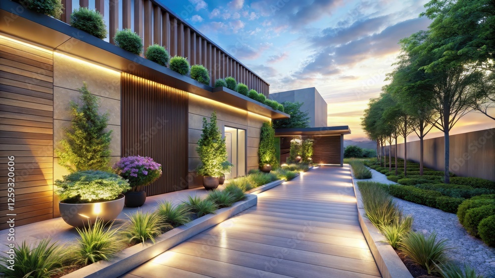 Fototapeta premium Illuminated Pathway to Modern Residence with Lush Landscaping at Dusk
