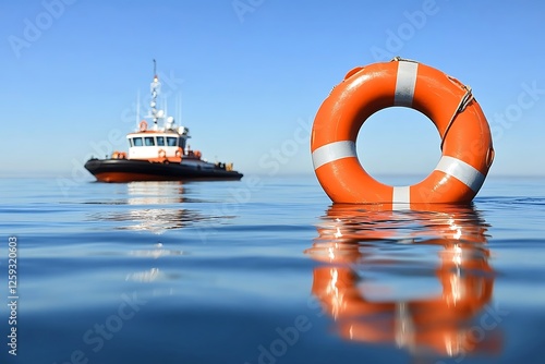 Orange life preserver in calm ocean water with tugboat in background photo