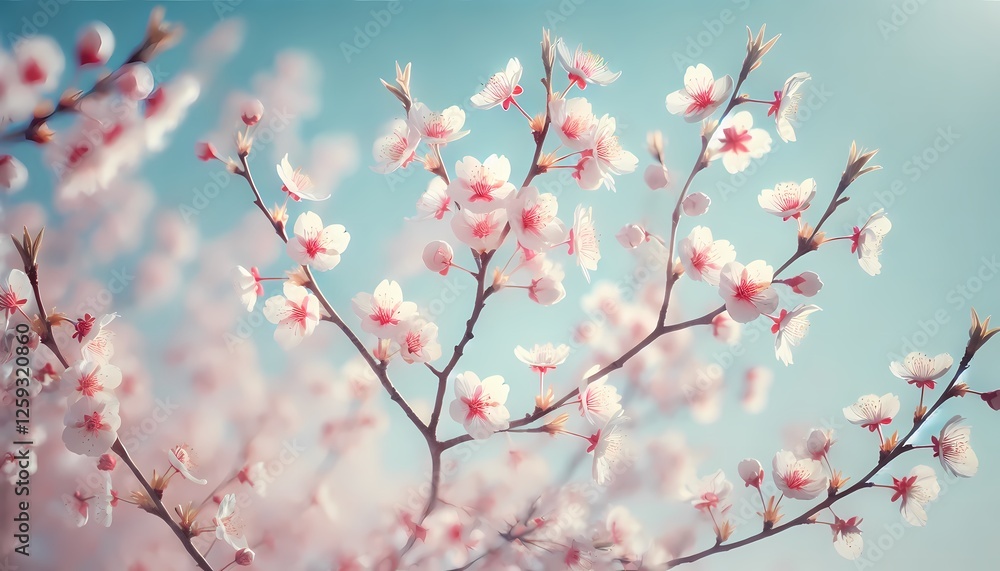 A delicate cherry blossom branch with soft pink and white flowers swaying gently in a light breeze against a clear blue sky Generative AI A delicate cherry blossom branch with soft pink and white flowers swaying gently in a light breeze against a clear blue sky Generative AI