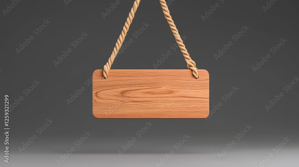 Wooden sign hanging from a rope against a dark background, ideal for signage or decoration Wooden sign hanging from a rope against a dark background, ideal for signage or decoration