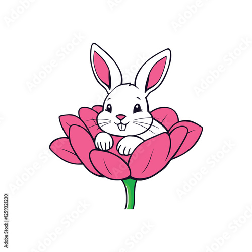 Smiling Rabbit Snuggling in Flower Vector Illustration for Children