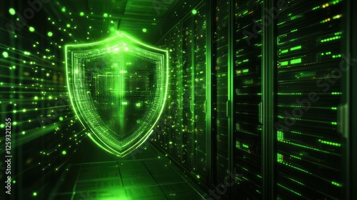 Green digital shield protects server data center photo