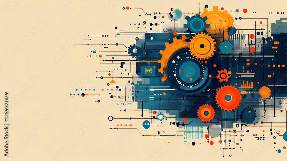 Obraz premium Abstract Graphic Featuring Colorful Gears and Coding Elements