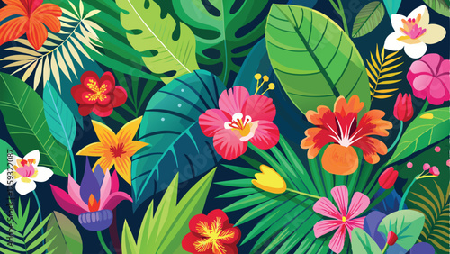 A vivid background filled with exotic flowers like orchids, hibiscus, and bird-of-paradise in bright colors, with lush green leaves. tropical flower background