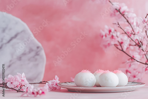 white mochi with Sakura pink and marble deco
