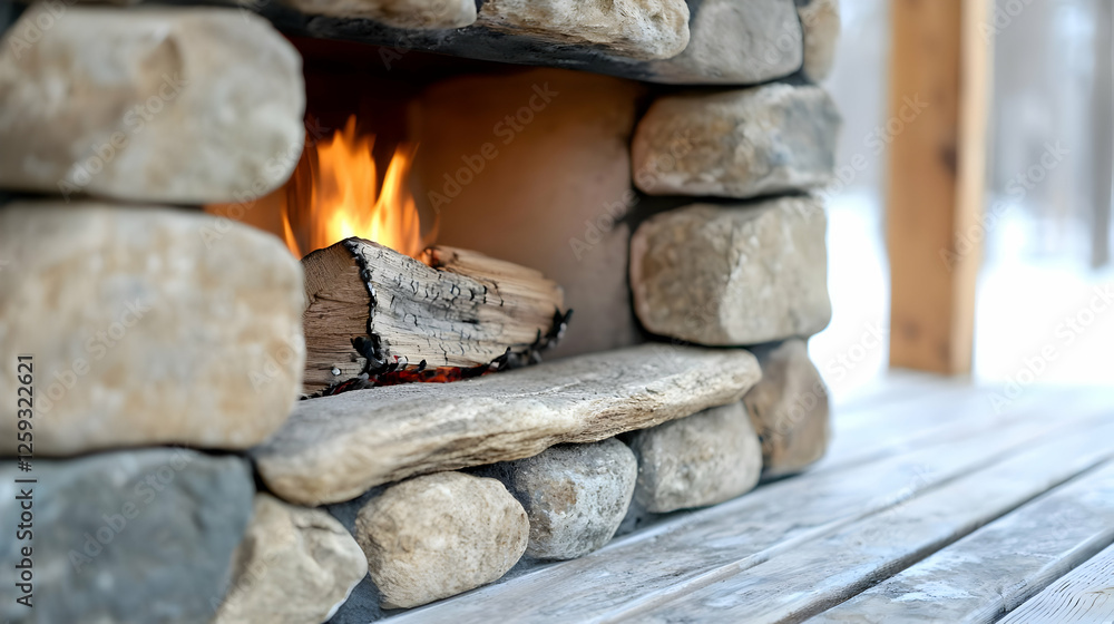 Cozy stone fireplace burning wood, winter deck background, warmth Cozy stone fireplace burning wood, winter deck background, warmth