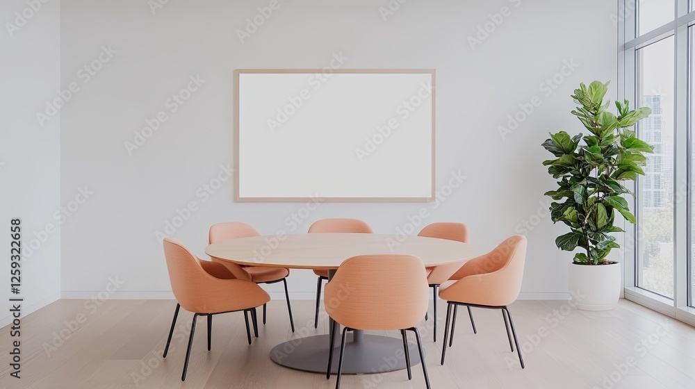 Modern conference room with round table and soft chairs, bright natural light from windows Modern conference room with round table and soft chairs, bright natural light from windows