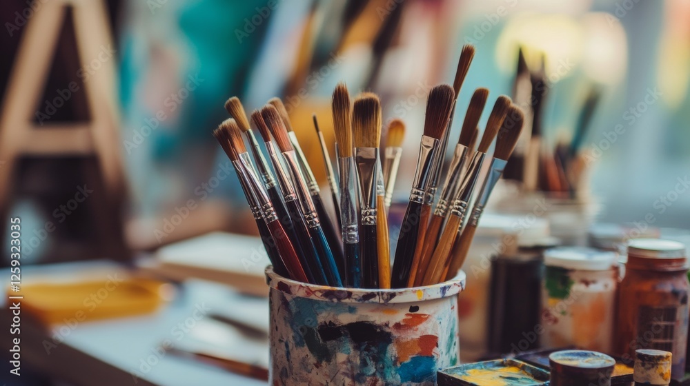 Fototapeta premium Neatly arranged paint supplies on a clean artist's table, emphasizing artistry and organization. Ideal for art and creative content.