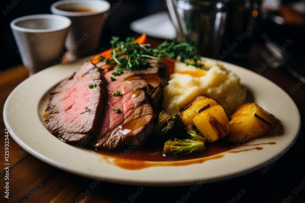 Close up of sliced roasted beef with vegetables and mashed potatoes Close up of sliced roasted beef with vegetables and mashed potatoes