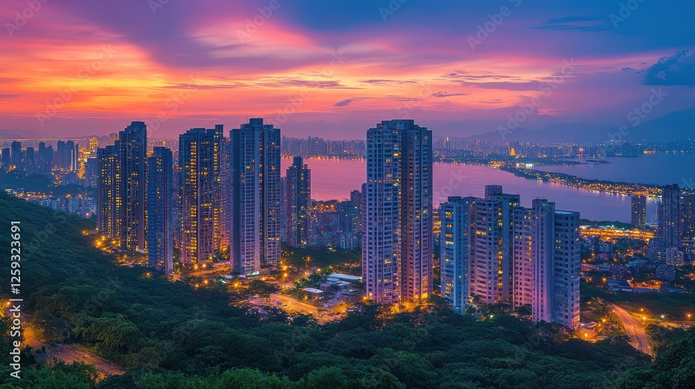 Fototapeta premium Sunset cityscape, coastal apartments, hilltop view, harbor background, real estate